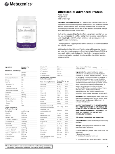 UltraMeal Advanced Protein Plain Flavor supplement facts - Pharmedico