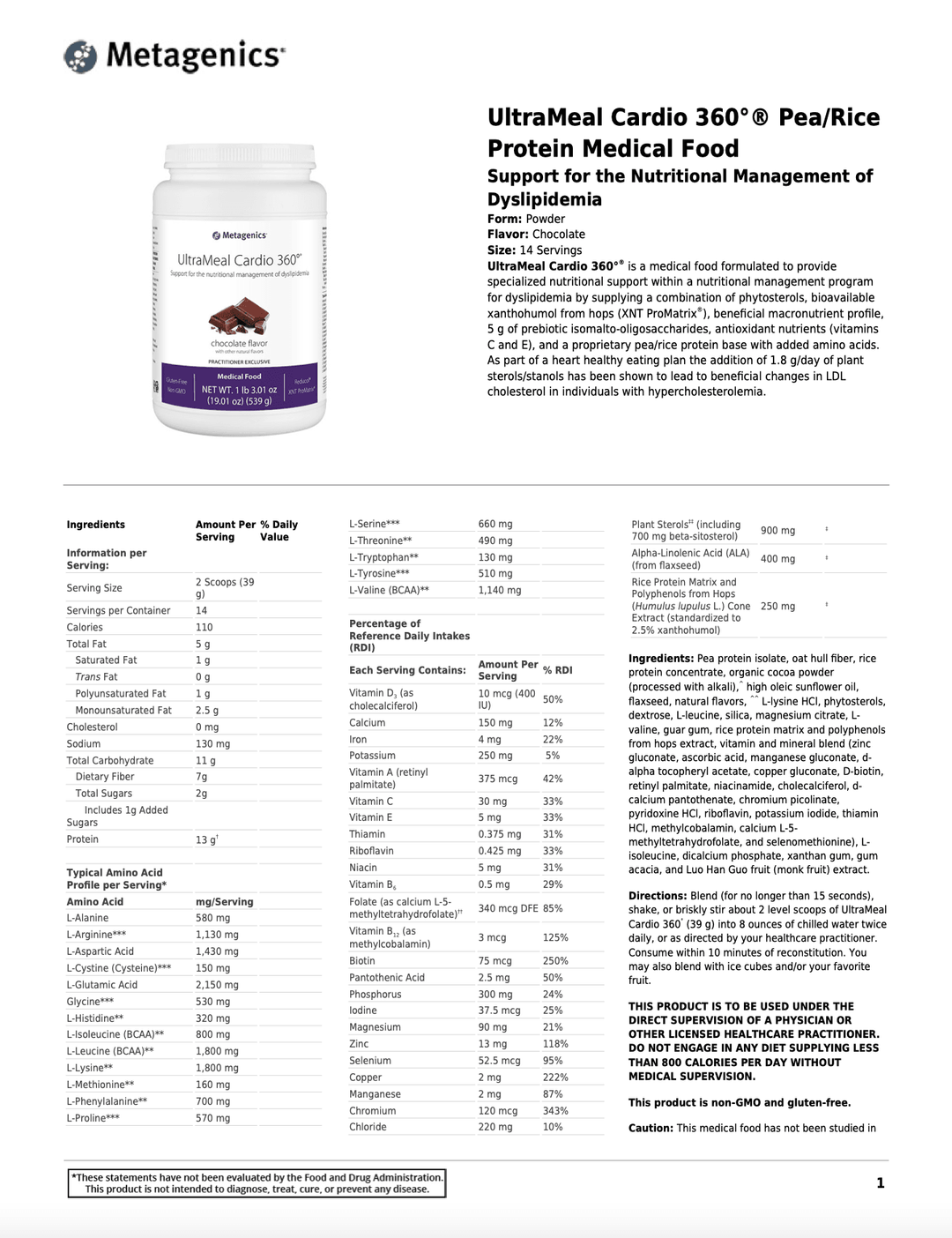 UltraMeal Cardio 360 Chocolate info sheet