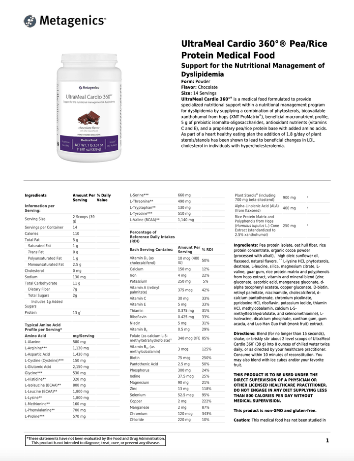 UltraMeal Cardio 360 Chocolate info sheet