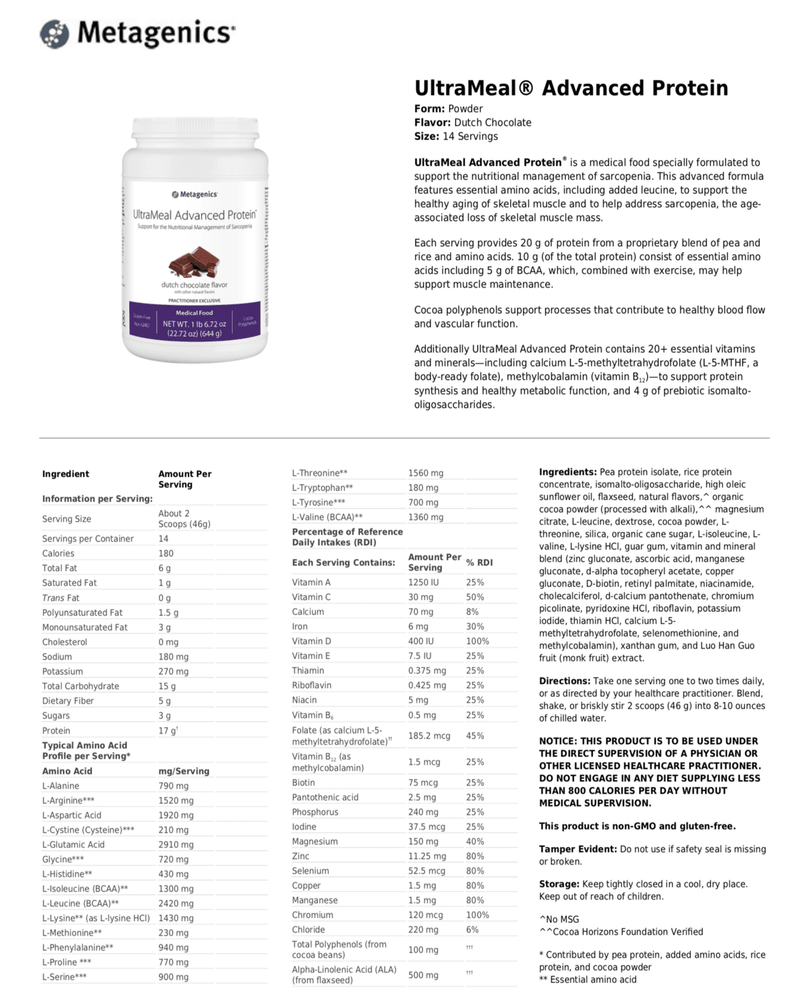 UltraMeal® Daily Support Chocolate flavor supplement facts - Pharmedico